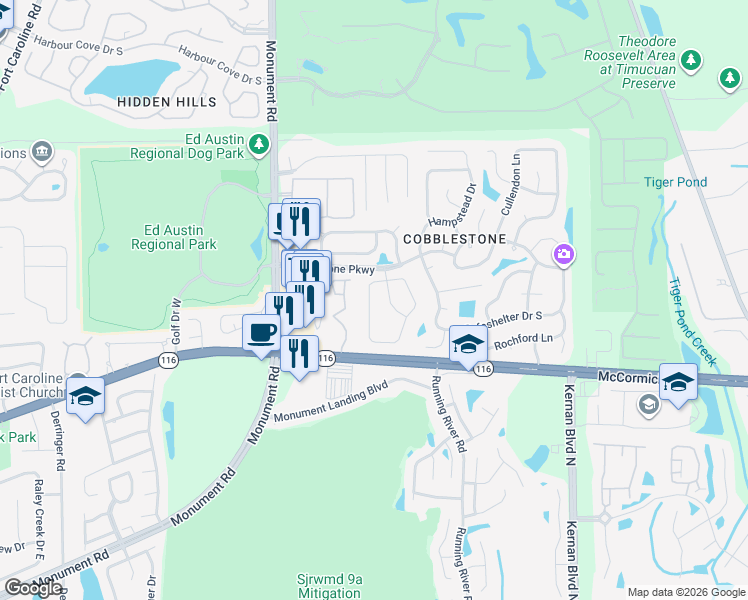 map of restaurants, bars, coffee shops, grocery stores, and more near 2646 Cobblestone Forest Drive in Jacksonville