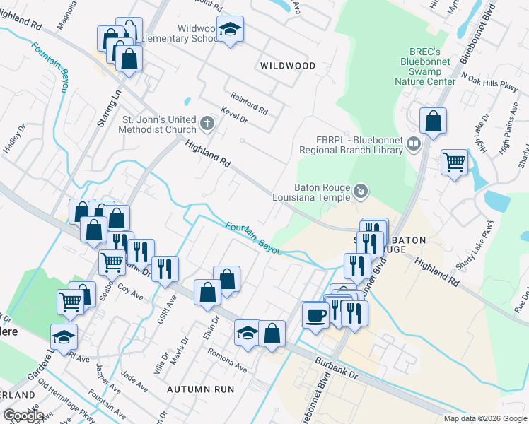 map of restaurants, bars, coffee shops, grocery stores, and more near 9920 Highland Road in Baton Rouge