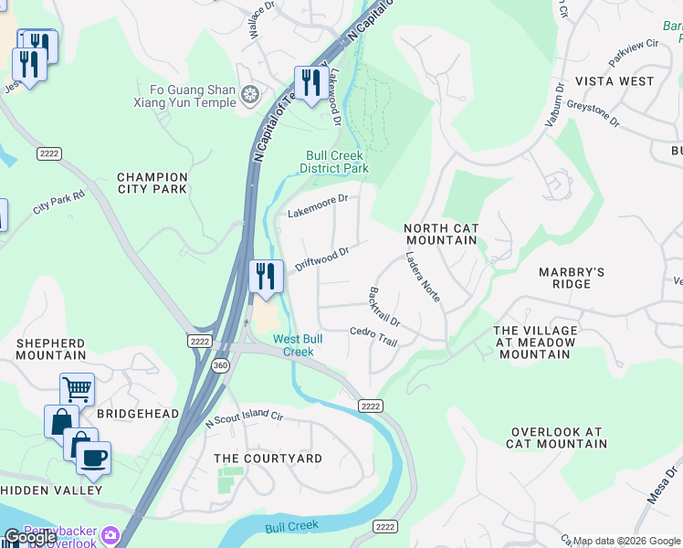 map of restaurants, bars, coffee shops, grocery stores, and more near 5600 Blueridge Court in Austin