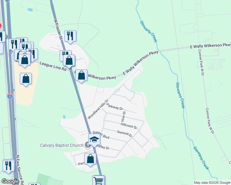 map of restaurants, bars, coffee shops, grocery stores, and more near 29 Woodland Hill Drive in Conroe