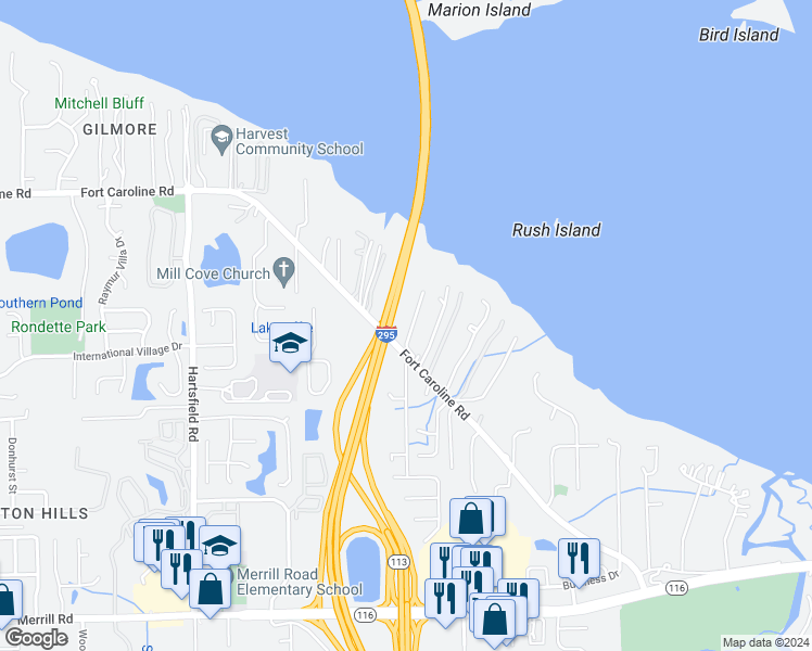 map of restaurants, bars, coffee shops, grocery stores, and more near 3644 Lightview Lane in Jacksonville