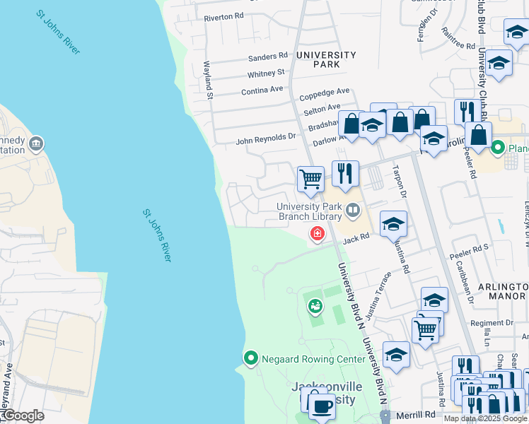 map of restaurants, bars, coffee shops, grocery stores, and more near 3500 University Boulevard North in Jacksonville