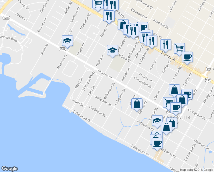 map of restaurants, bars, coffee shops, grocery stores, and more near 412 Wilkinson Street in Mandeville