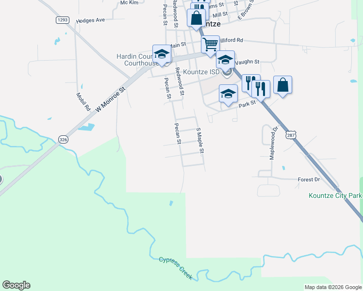 map of restaurants, bars, coffee shops, grocery stores, and more near 220 Elmore Street in Kountze