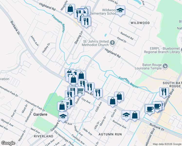 map of restaurants, bars, coffee shops, grocery stores, and more near 8457 Bayou Fountain Avenue in Baton Rouge