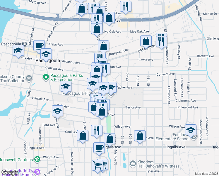 map of restaurants, bars, coffee shops, grocery stores, and more near 2907 8th St in Pascagoula