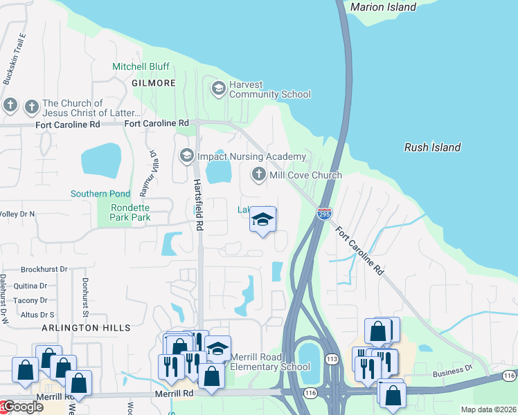 map of restaurants, bars, coffee shops, grocery stores, and more near 3480 Shauna Oaks Drive in Jacksonville