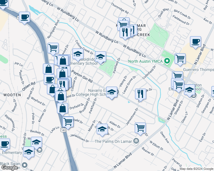 map of restaurants, bars, coffee shops, grocery stores, and more near 8909 Parkfield Drive in Austin