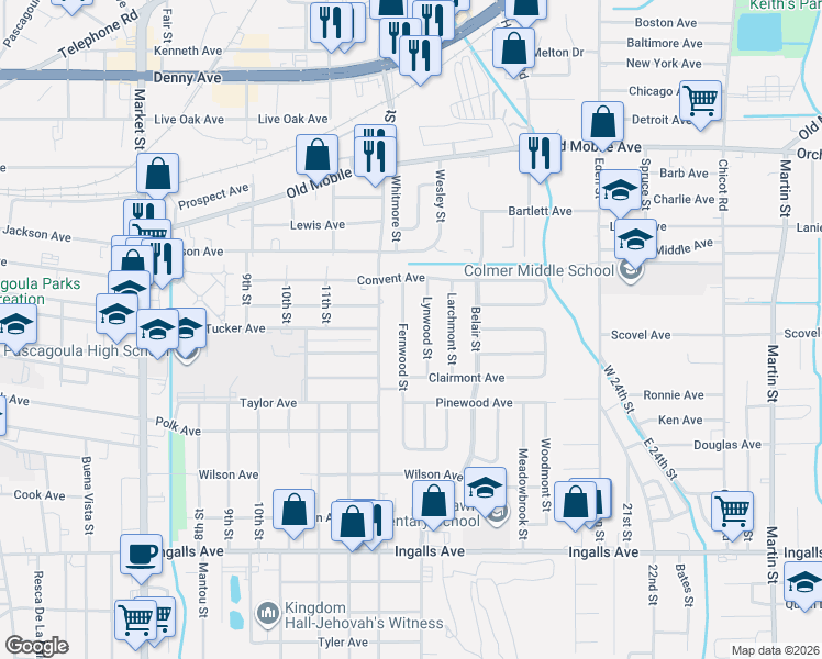 map of restaurants, bars, coffee shops, grocery stores, and more near 2807 Lynwood St in Pascagoula