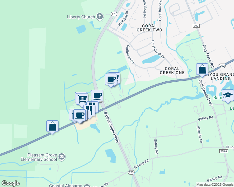 map of restaurants, bars, coffee shops, grocery stores, and more near 2950 South Blue Angel Parkway in Pensacola