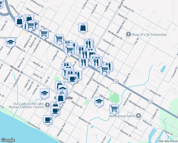 map of restaurants, bars, coffee shops, grocery stores, and more near 2003 Florida Street in Mandeville