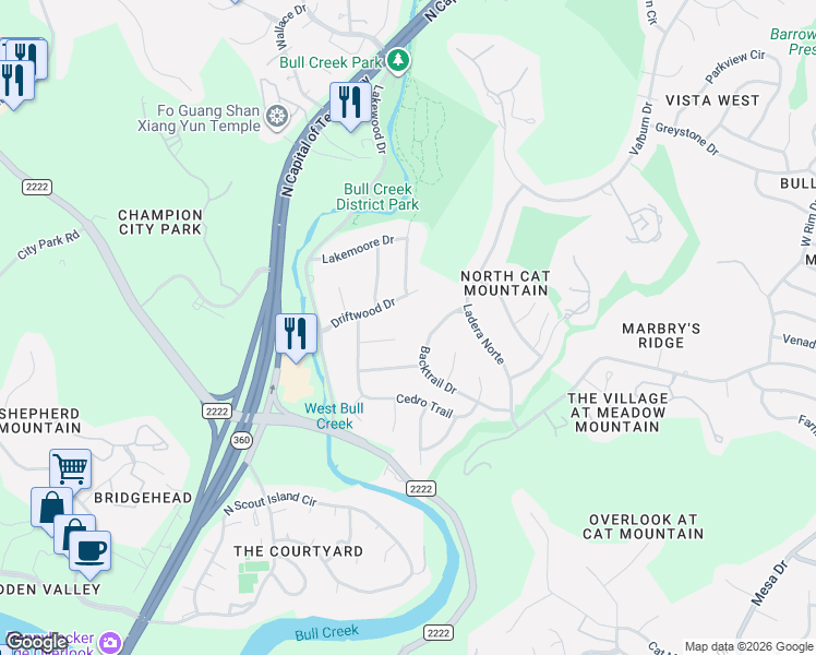 map of restaurants, bars, coffee shops, grocery stores, and more near 5501 Driftwood Drive in Austin