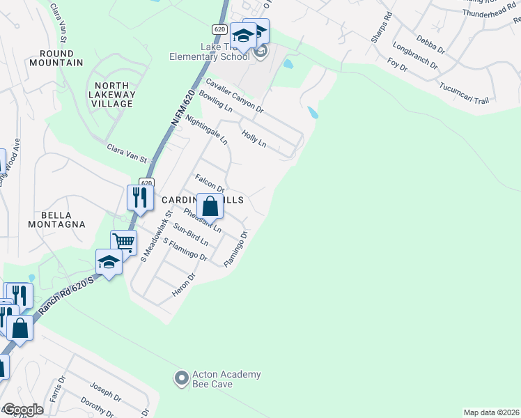 map of restaurants, bars, coffee shops, grocery stores, and more near 15002 Nightingale Lane in Austin
