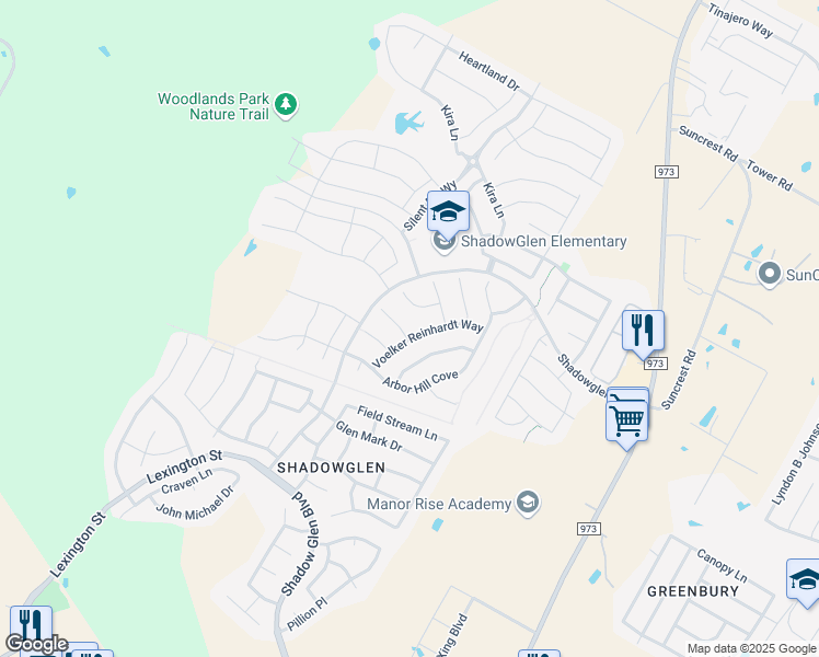 map of restaurants, bars, coffee shops, grocery stores, and more near 13528 Green Lodge Court in Manor