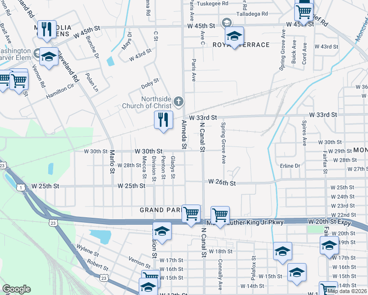 map of restaurants, bars, coffee shops, grocery stores, and more near 3950 Almeda Street in Jacksonville