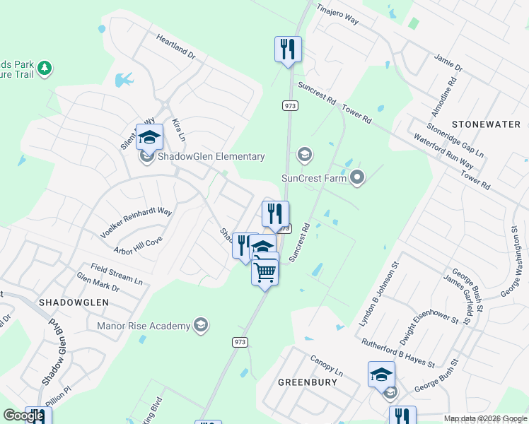 map of restaurants, bars, coffee shops, grocery stores, and more near 13868 Farm to Market Road 973 in Manor