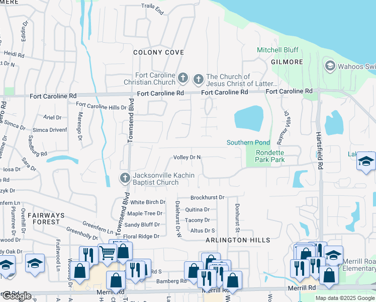 map of restaurants, bars, coffee shops, grocery stores, and more near 7367 Lawn Tennis Lane in Jacksonville