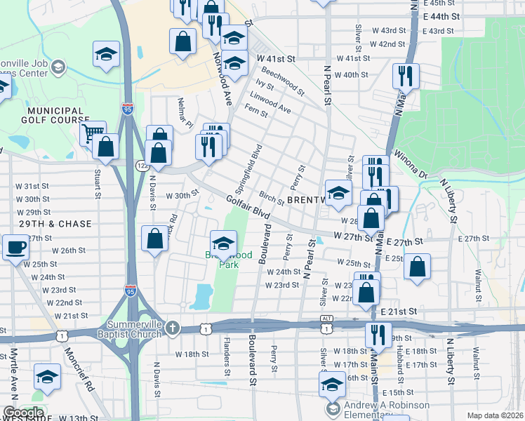 map of restaurants, bars, coffee shops, grocery stores, and more near 471 Birch Street in Jacksonville