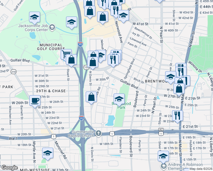 map of restaurants, bars, coffee shops, grocery stores, and more near 3719 Brentwood Avenue in Jacksonville