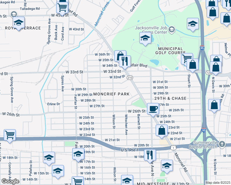 map of restaurants, bars, coffee shops, grocery stores, and more near 1525 West 30th Street in Jacksonville