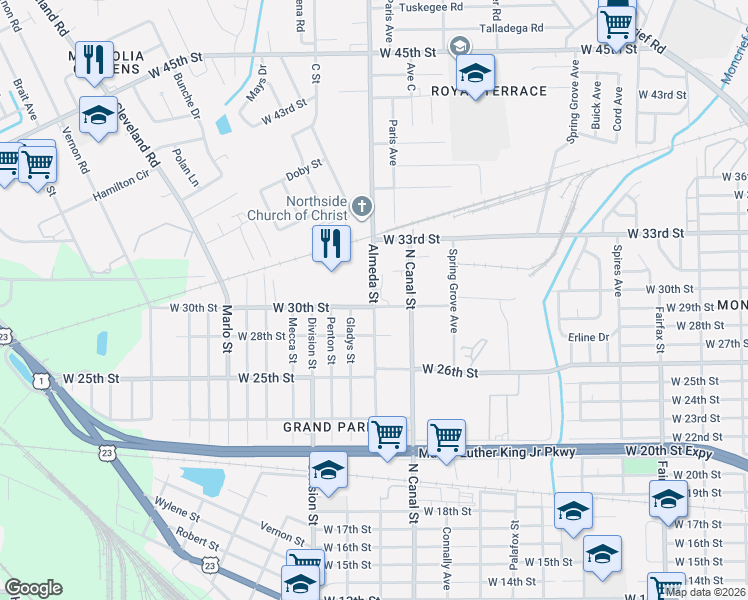map of restaurants, bars, coffee shops, grocery stores, and more near 3950-4298 Almeda Street in Jacksonville