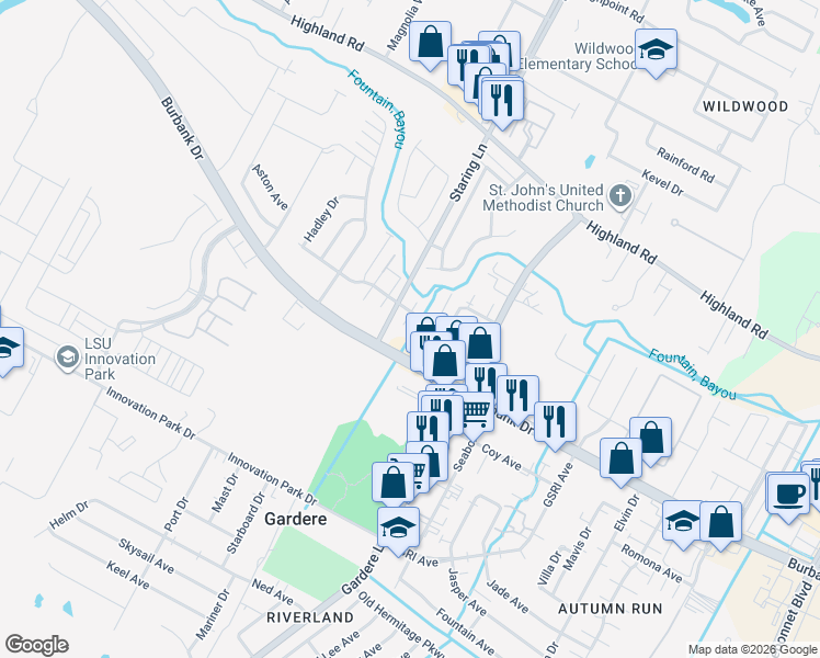 map of restaurants, bars, coffee shops, grocery stores, and more near in East Baton Rouge Parish