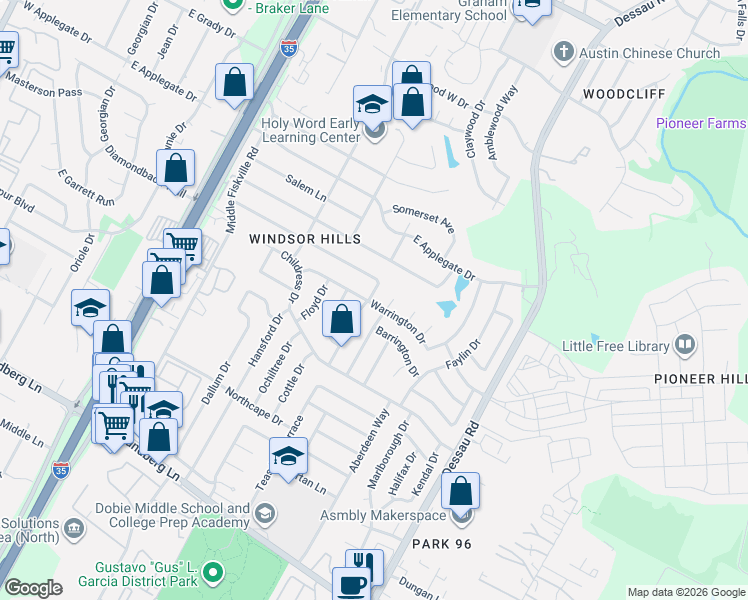 map of restaurants, bars, coffee shops, grocery stores, and more near 1107 Floradale Drive in Austin