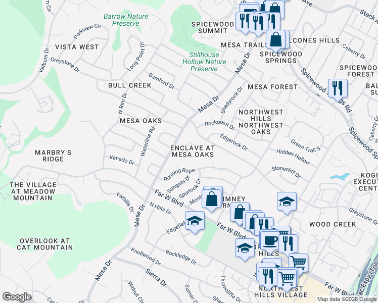 map of restaurants, bars, coffee shops, grocery stores, and more near 7305 Mesa Drive in Austin