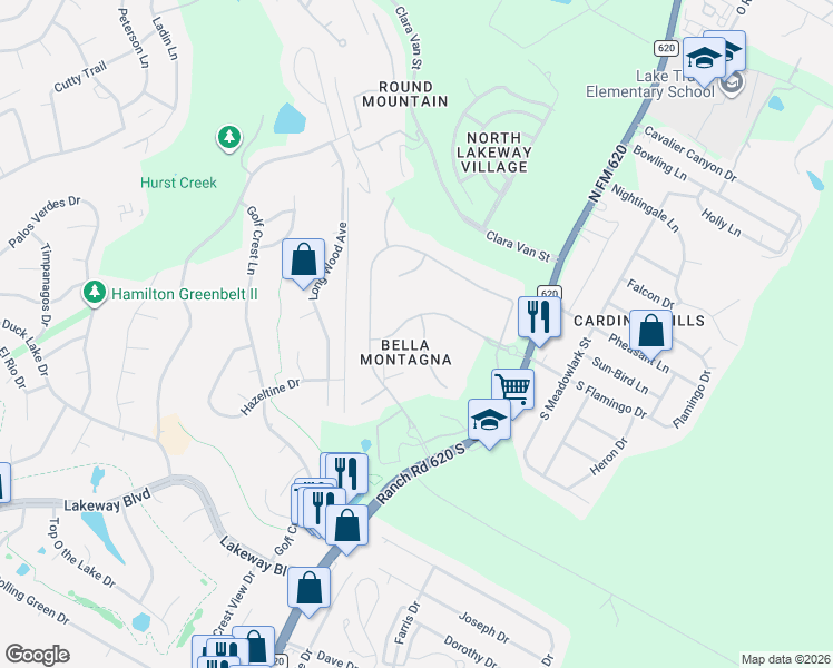 map of restaurants, bars, coffee shops, grocery stores, and more near 105 Palazza Alto Drive in Austin