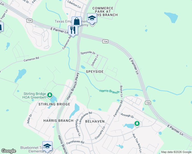 map of restaurants, bars, coffee shops, grocery stores, and more near 12112 Kilmartin Lane in Austin