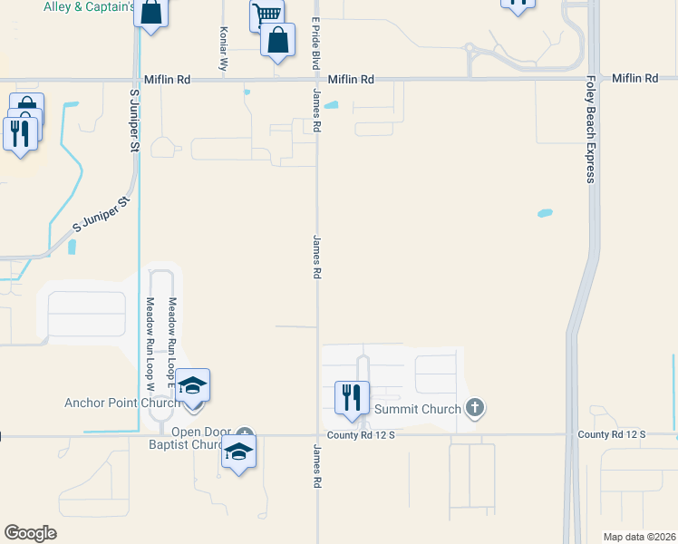 map of restaurants, bars, coffee shops, grocery stores, and more near 9270-9520 James Rd in Foley