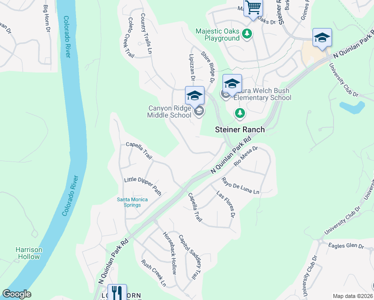 map of restaurants, bars, coffee shops, grocery stores, and more near 12801 Appaloosa Chase Drive in Austin