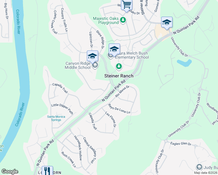 map of restaurants, bars, coffee shops, grocery stores, and more near 2217 Westfalian Trail in Austin