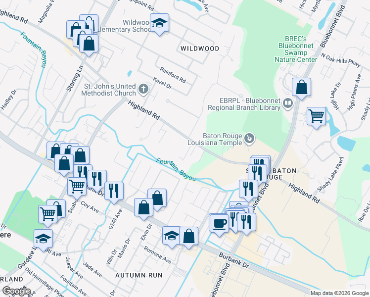 map of restaurants, bars, coffee shops, grocery stores, and more near 9880 Highland Road in Baton Rouge