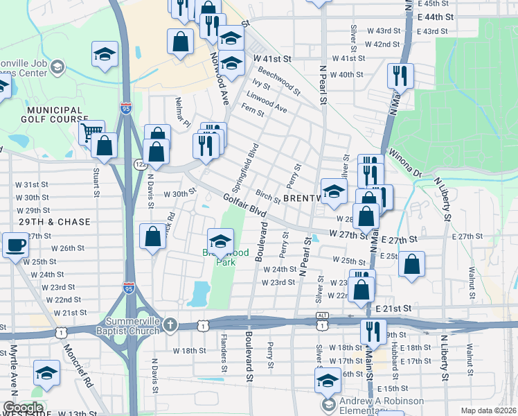 map of restaurants, bars, coffee shops, grocery stores, and more near 471 Birch Street in Jacksonville