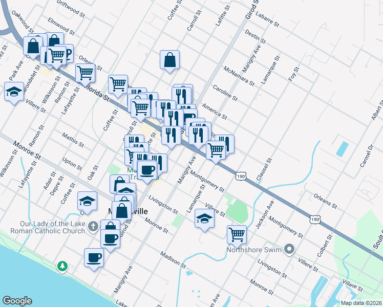map of restaurants, bars, coffee shops, grocery stores, and more near 1902 Florida Street in Mandeville