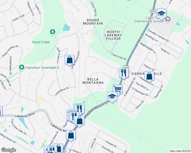map of restaurants, bars, coffee shops, grocery stores, and more near 105 Palazza Alto Drive in Austin