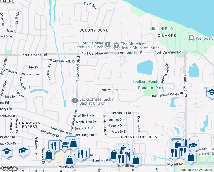 map of restaurants, bars, coffee shops, grocery stores, and more near 7312 Lawn Tennis Lane in Jacksonville