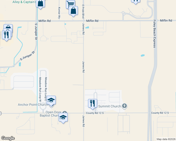 map of restaurants, bars, coffee shops, grocery stores, and more near 9270-9520 James Rd in Foley