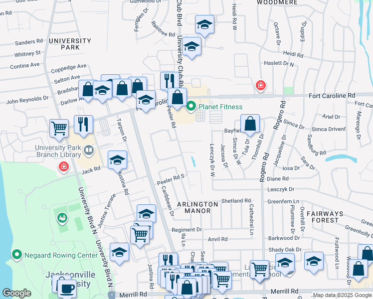 map of restaurants, bars, coffee shops, grocery stores, and more near 6015 Royal Estates Place in Jacksonville