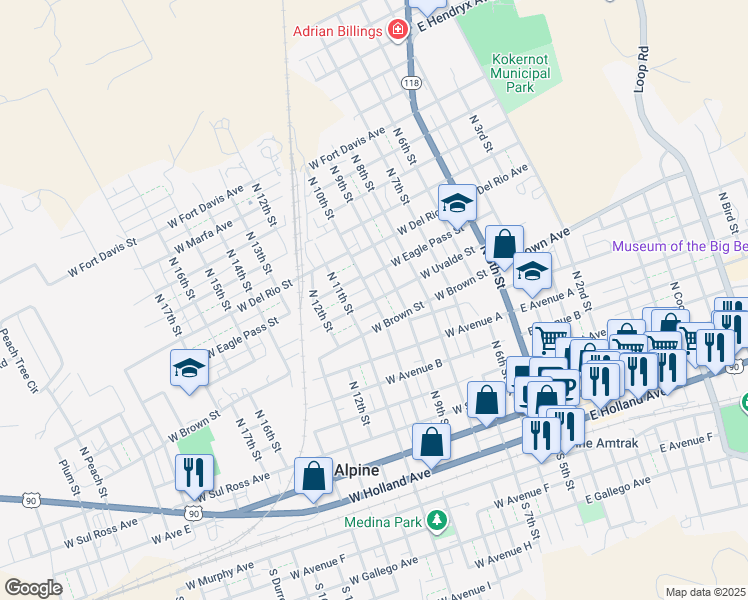 map of restaurants, bars, coffee shops, grocery stores, and more near 901 North 10th Street in Alpine
