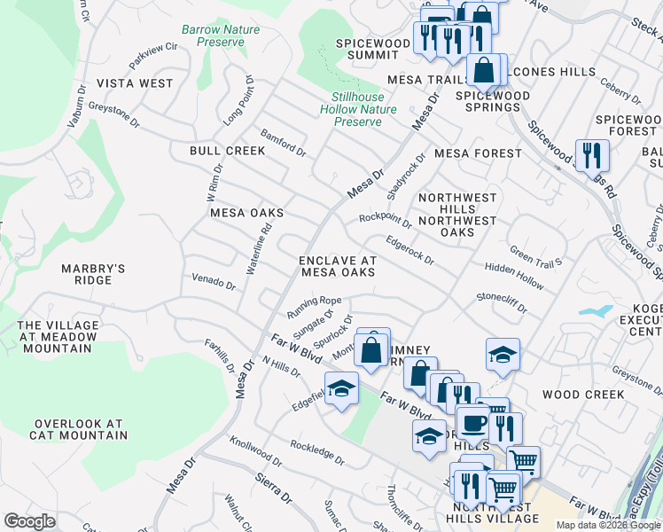 map of restaurants, bars, coffee shops, grocery stores, and more near 7305 Mesa Drive in Austin