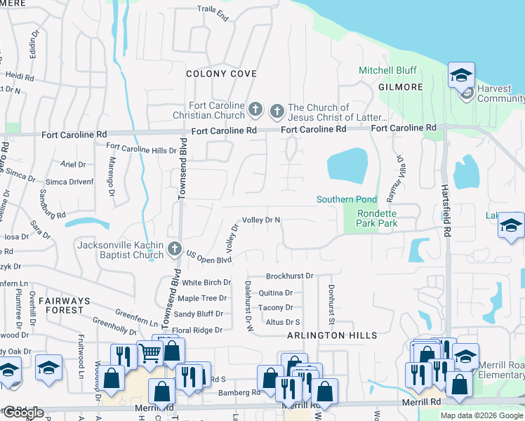 map of restaurants, bars, coffee shops, grocery stores, and more near 7367 Lawn Tennis Lane in Jacksonville
