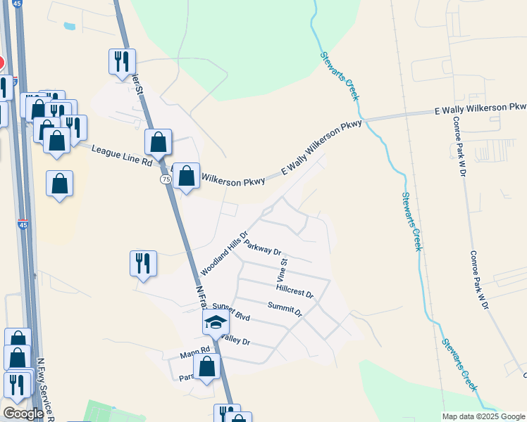 map of restaurants, bars, coffee shops, grocery stores, and more near 301 Woodland Hill Drive in Conroe