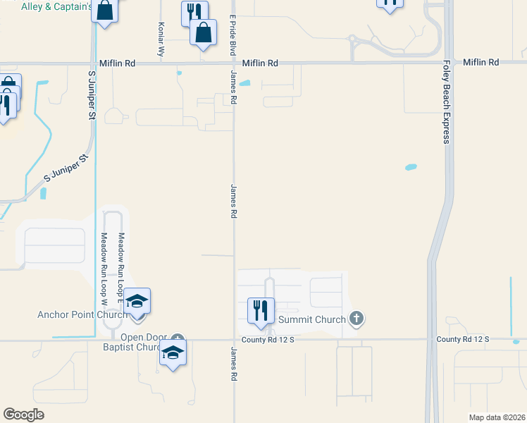 map of restaurants, bars, coffee shops, grocery stores, and more near in Foley