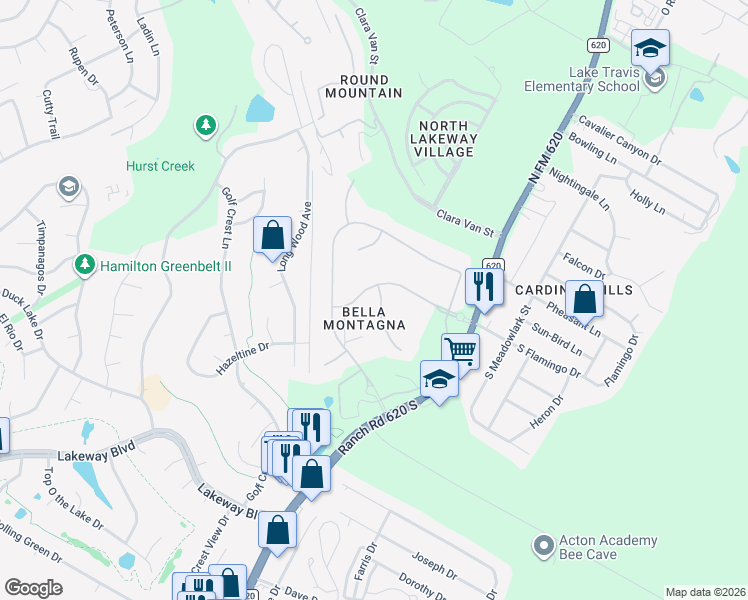 map of restaurants, bars, coffee shops, grocery stores, and more near 105 Palazza Alto Drive in Austin
