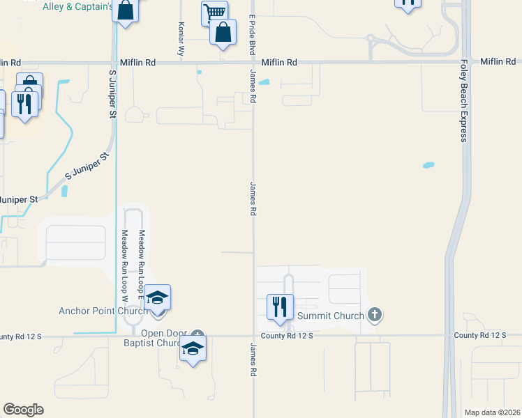 map of restaurants, bars, coffee shops, grocery stores, and more near 9270-9520 James Rd in Foley