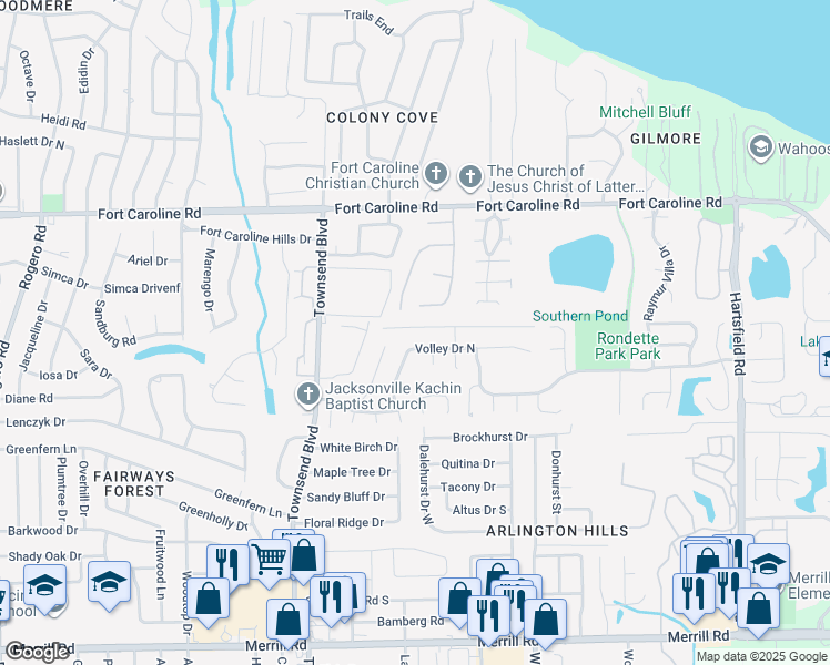 map of restaurants, bars, coffee shops, grocery stores, and more near 7282 Lawn Tennis Lane in Jacksonville