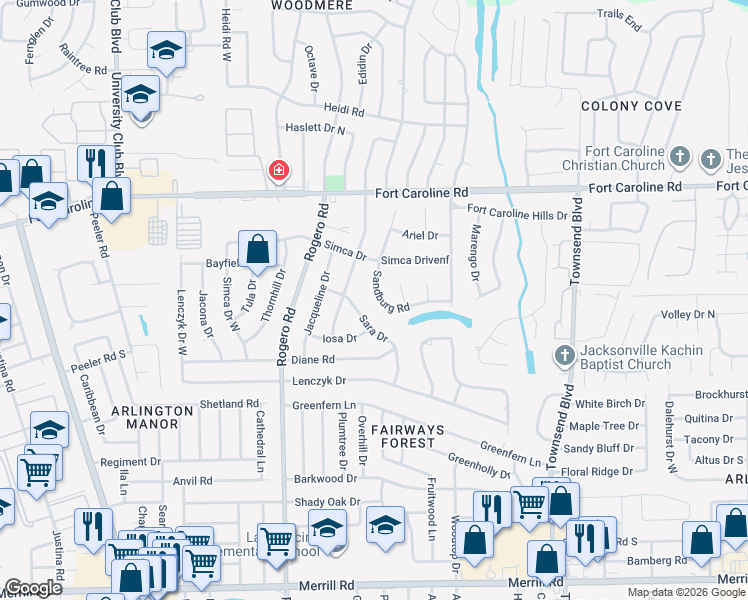 map of restaurants, bars, coffee shops, grocery stores, and more near 3540 Bran Court West in Jacksonville