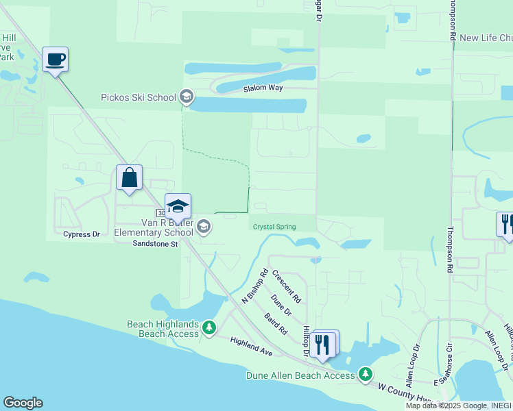 map of restaurants, bars, coffee shops, grocery stores, and more near 264 Vía Largo in Santa Rosa Beach